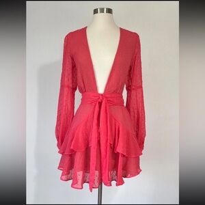 For Love & Lemons Tarta Long Sleeve Mini Dress in Flamingo Size Medium